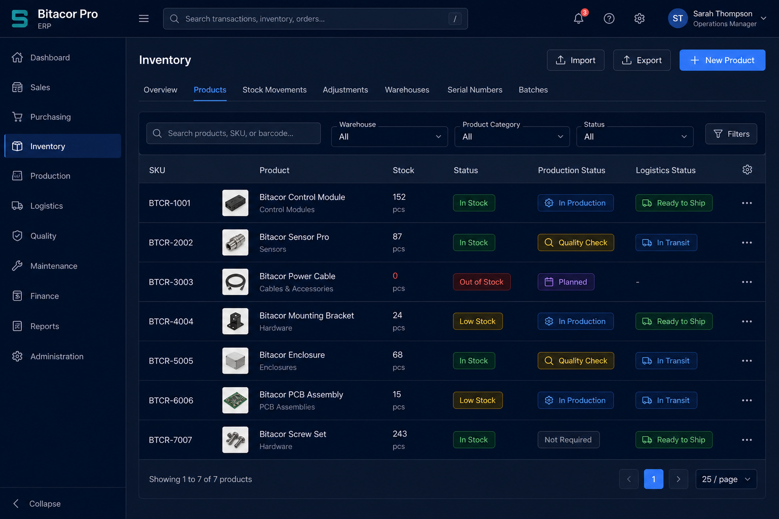 Inventario y operaciones Bitacor Pro